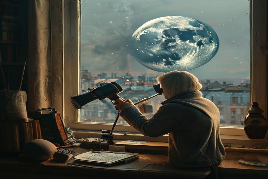 Астроном-любитель на балконе или крыше смотрит на яркую полную Луну в небольшой телескоп, рядом бумажный настенный календарь с отмеченными датами 1 и 31 мая, естественный...