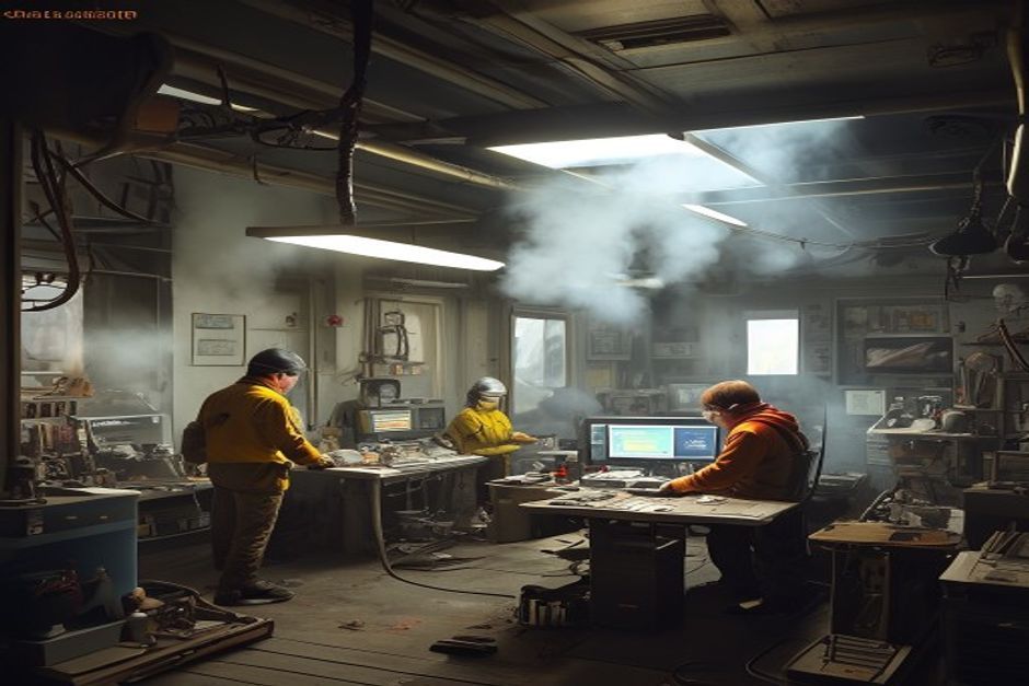 Фотореалистичная editorial photo сцена: марсианский ровер в сборочном ангаре перед испытаниями, рядом специалисты в защитных костюмах и масках, индустриальная среда без графики...