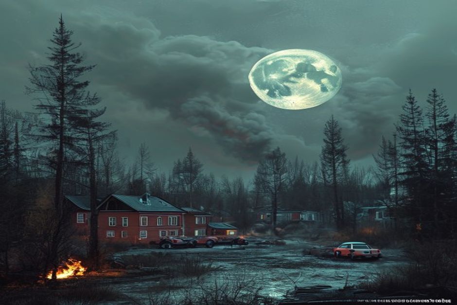 Ночное небо после лесных пожаров или пылевой дымки: крупная Луна с едва заметным холодным голубоватым оттенком над тёмным ландшафтом, документальная атмосферная фотография