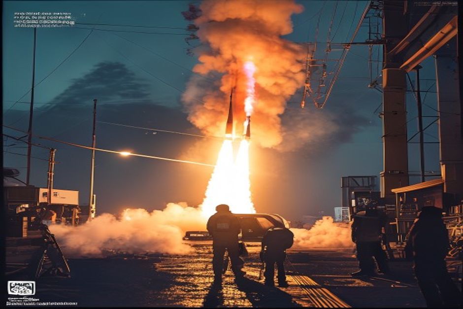 Ночной старт небольшой ракеты с космодрома, яркий факел двигателя, низкие облака и группа специалистов на переднем план…